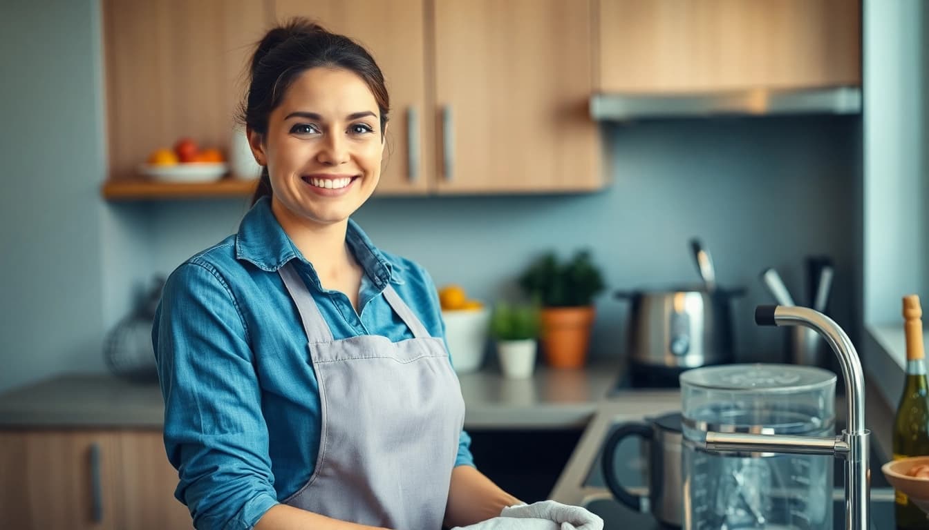 Hauswirtschaftskraft in Hameln bei der Arbeit in der Küche, die für Sauberkeit und Ordnung sorgt.