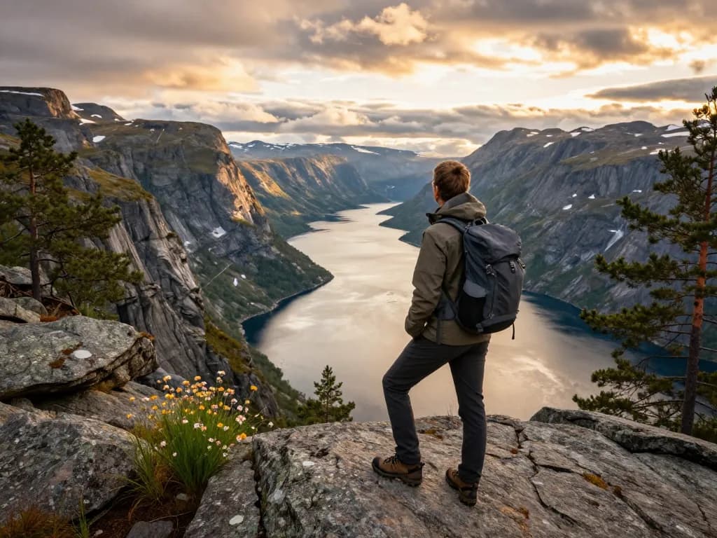 Reisender bewundert die atemberaubende Fjordlandschaft in Norwegen, die das Wesen der Skandinavien Reisetipps verkörpert.