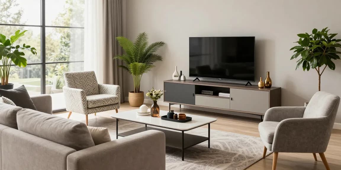 Entdecken Sie wohnmöbel online kaufen mit einem stilvollen Wohnzimmer, das moderne Möbel und natürliches Licht bietet.