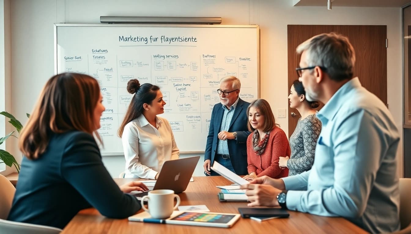 Engage with marketing für pflegedienste through experts strategizing in an office.