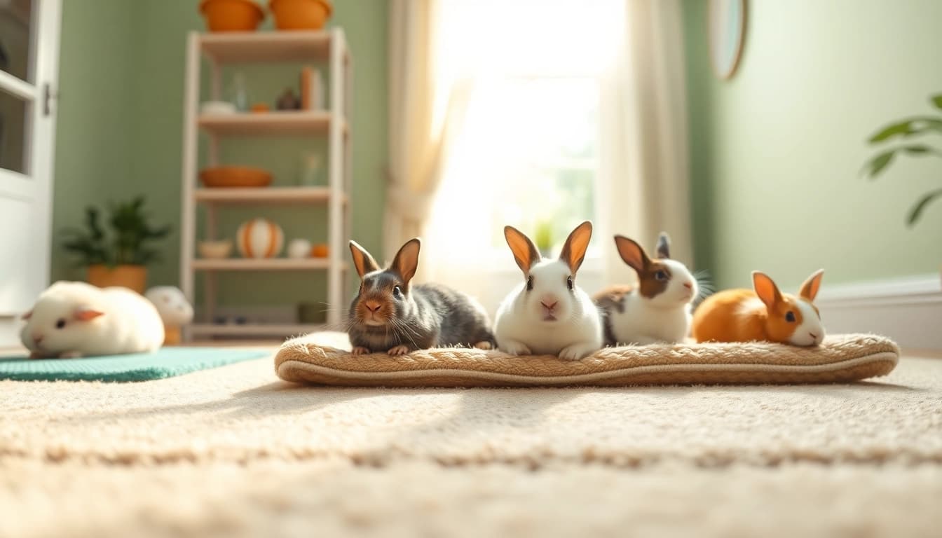 Hanfmatte in einem gemütlichen Tierbereich mit Kaninchen und Meerschweinchen.