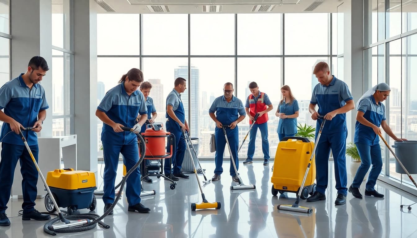 Die gebäudereinigung berlin zeigt ein Reinigungsteam, das in einem modernen Büro arbeitet.