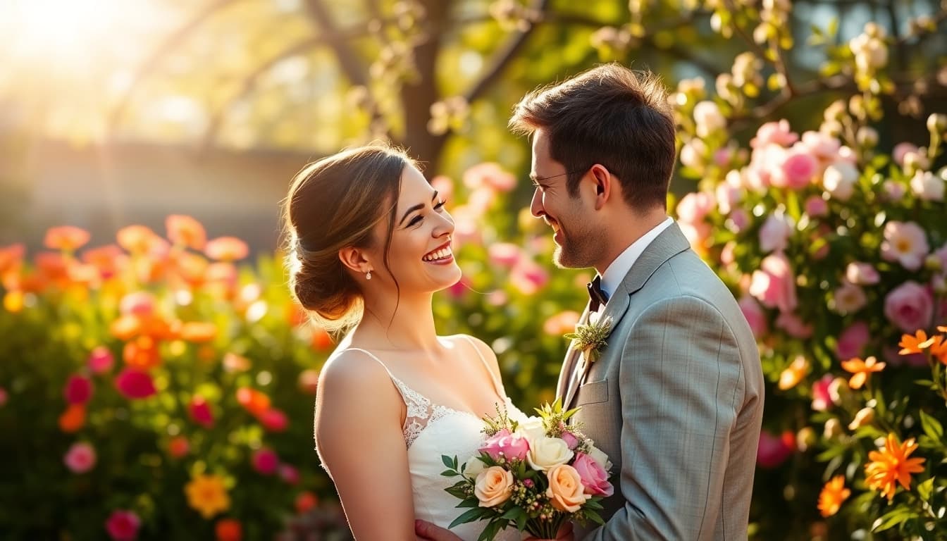Hochzeitsfotograf München: Newlywed couple joyfully embracing in a sunny garden.