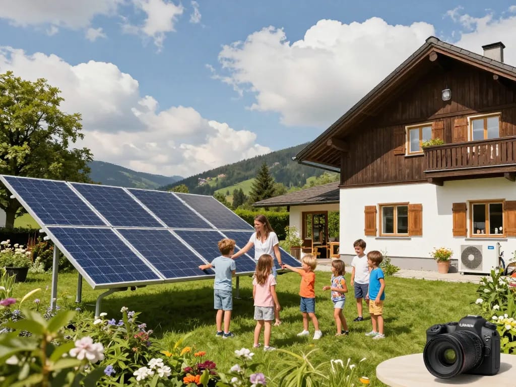 Photovoltaik Bayern Solarinstallation mit einer glücklichen Familie, die nachhaltige Energie in einer üppigen bayerischen Landschaft genießt.