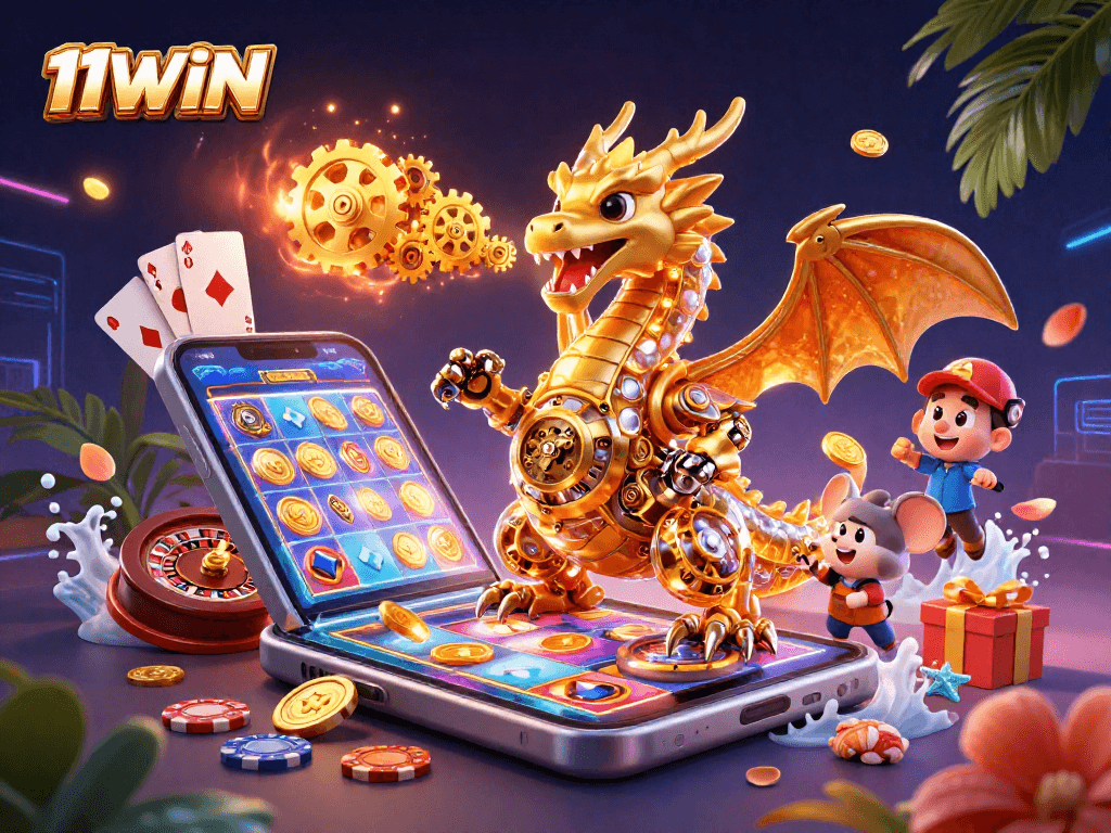 Experience thrilling gameplay with 11WIN's dynamic slot games featuring golden dragons and vibrant animations.