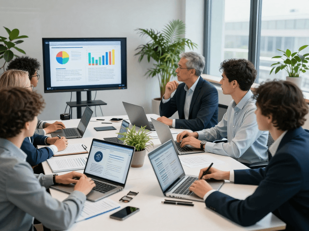Team collaboration on Wissen / Blog-Hub and DSGVO compliance in a professional office.
