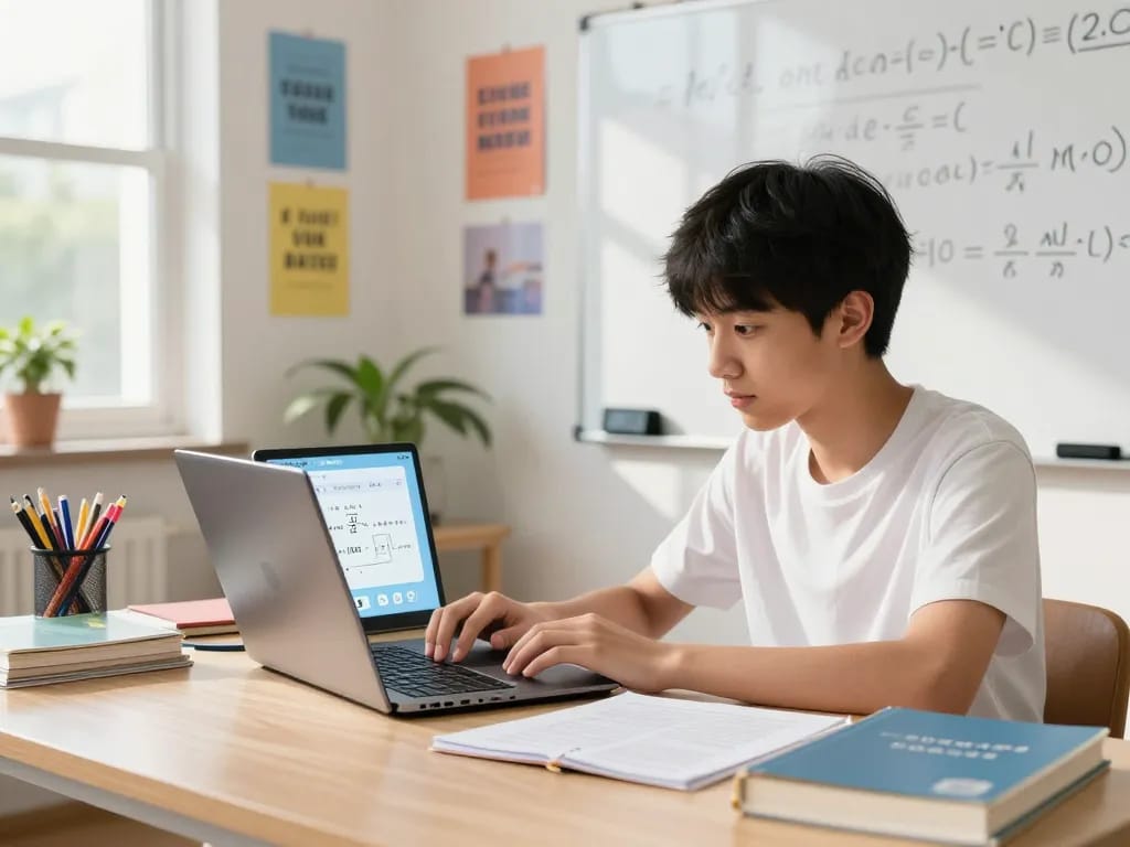 Schüler, der einen AI Hausaufgabenlöser in einem lebhaften Lernraum mit Lehrbüchern und Sonnenlicht nutzt.