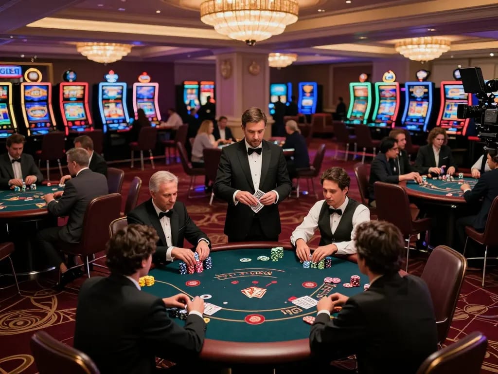 Players enjoying an intense game at GO88's luxurious casino, showcasing vibrant poker action.