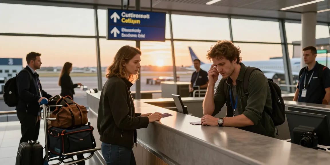 Ein besorgter Reisender an einem europäischen Flughafen, unterstützt von Valken Legal, im Immigration-Counter.