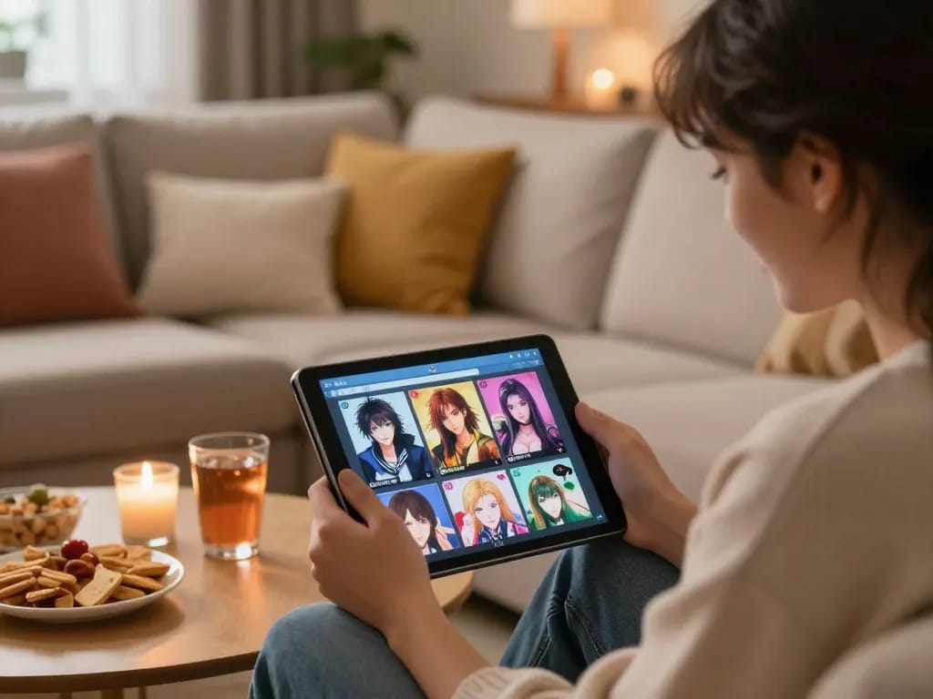 Couple enjoying html sex games on a tablet in a cozy living room.