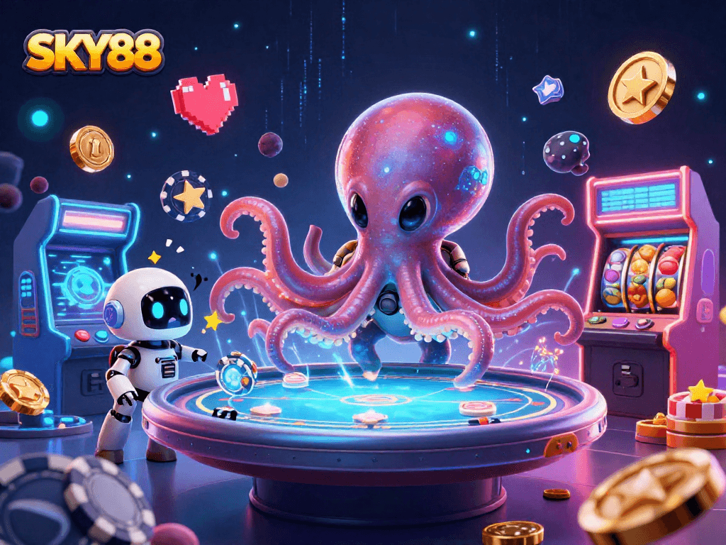 Join the fun at SKY88 with a vibrant scene of an alien octopus playing poker under dazzling lights.