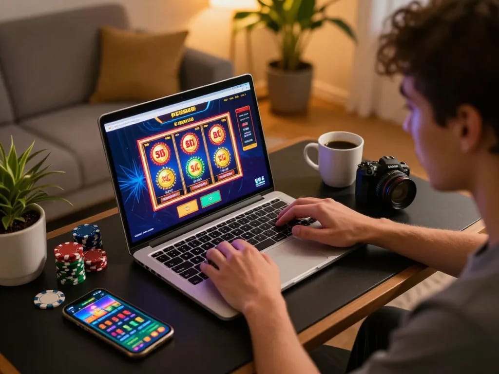 Player enjoying F168 online casino experience on laptop with vibrant slot graphics