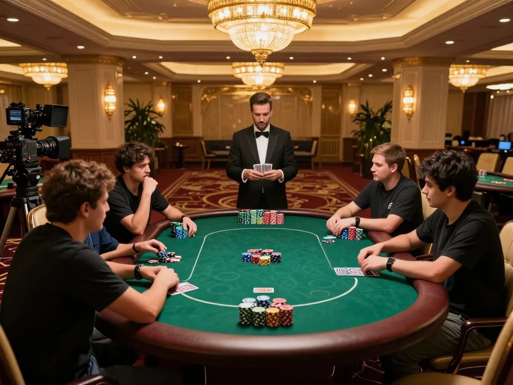 32win engagement at a high-stakes poker table, players strategizing around a luxury casino setup.