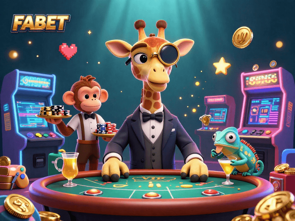 Experience FABET's vibrant casino scene with a high-roller giraffe, monkey valet, and chameleon bartender.