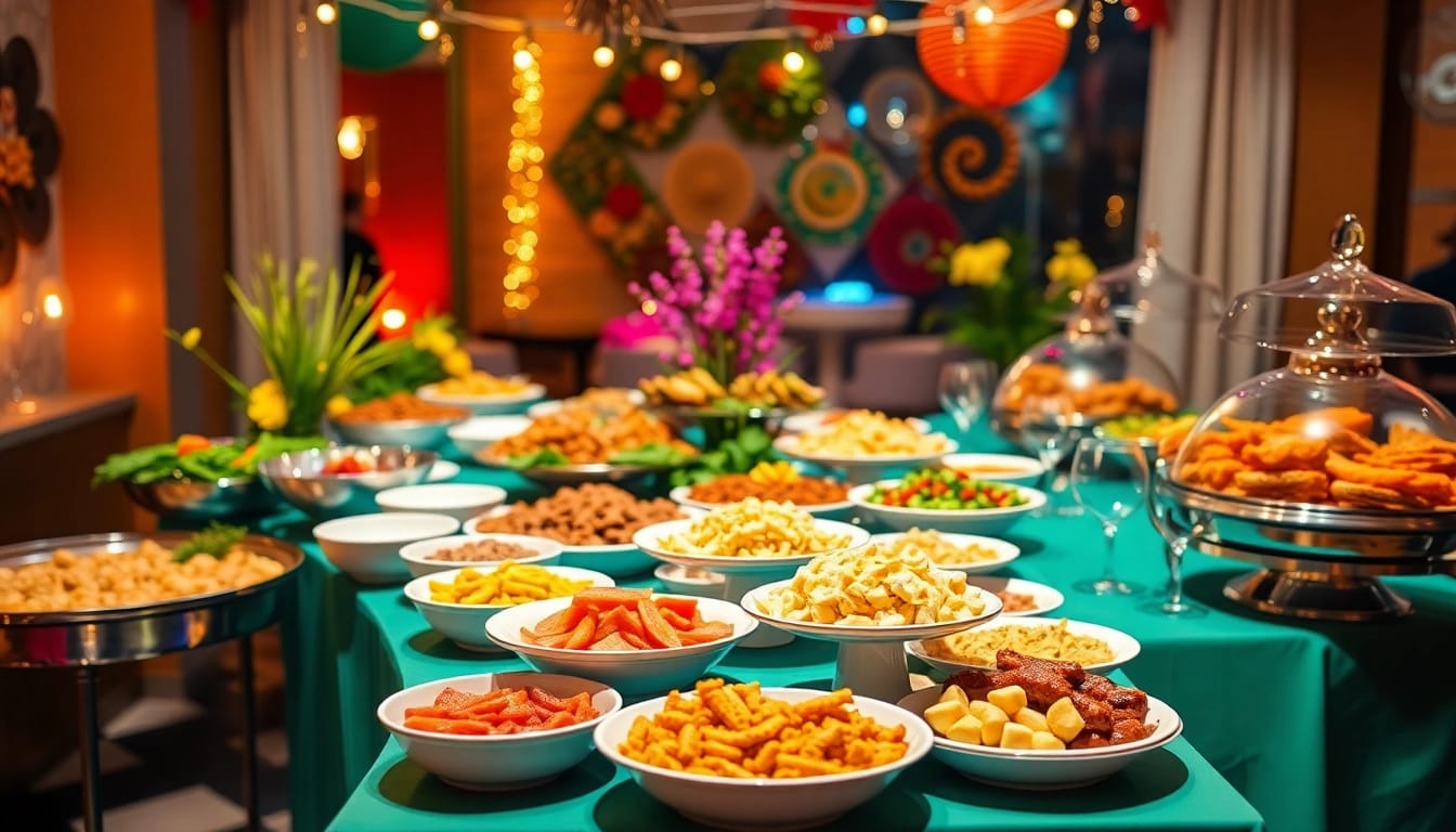 Delight in an inviting buffet catering setup filled with diverse cuisines and elegant tableware.