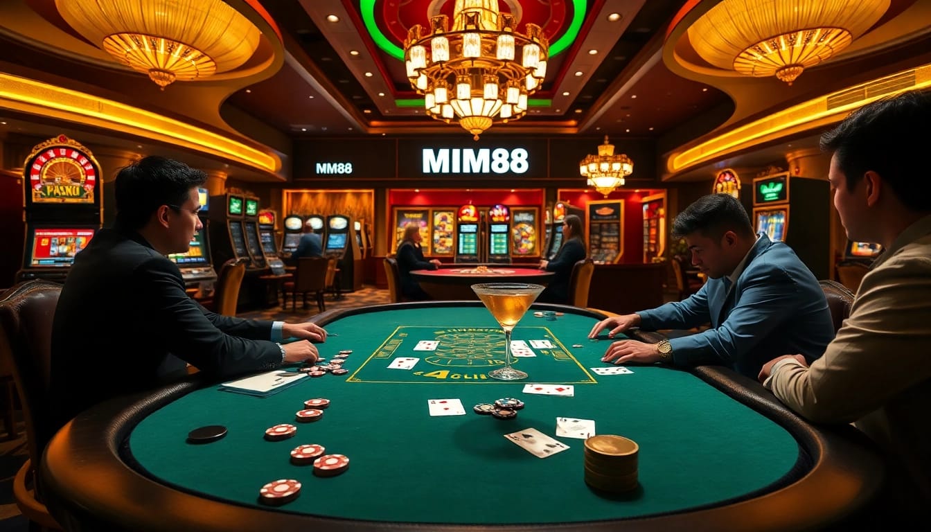 MM88 casino scene with players at a poker table, vibrant slot machines, and luxury decor.