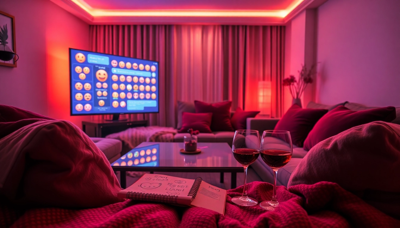 Intimate NSFW AI chat experience in a cozy modern room, featuring a vibrant chat interface.