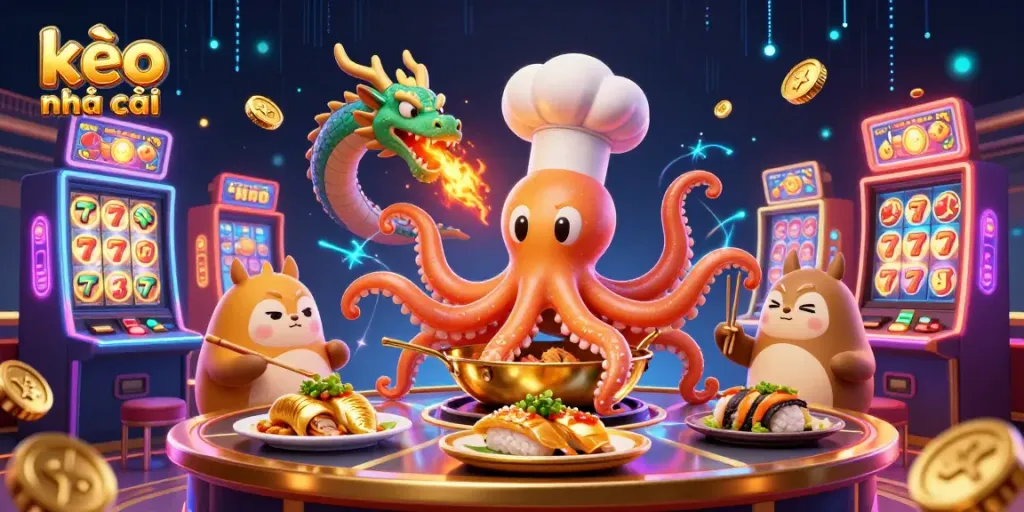 Engaging kèo nhà cái scene featuring an octopus chef, dragon, and tanuki amid dynamic casino elements.