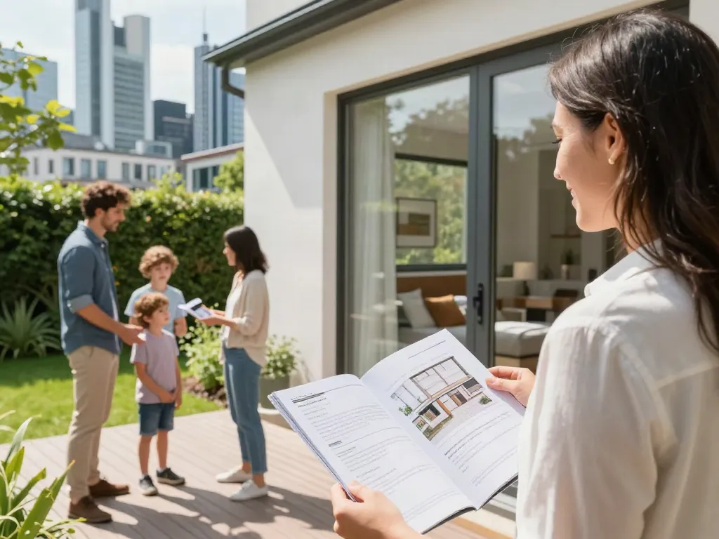Bester Immobilienmakler Frankfurt zeigt eine moderne Immobilie in Frankfurt mit potenziellen Käufern.