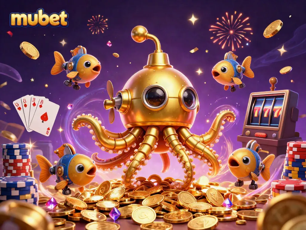 Experience the excitement of Mubet with a golden kraken submarine and vibrant casino elements.
