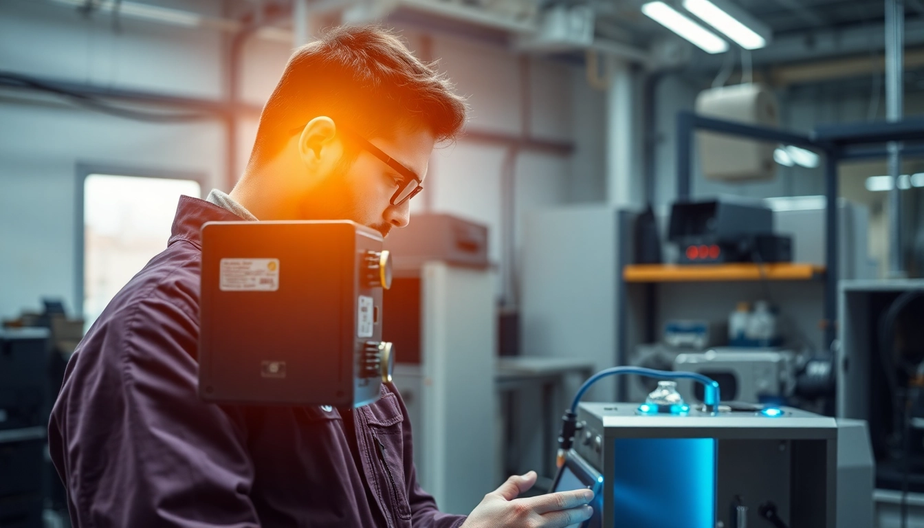 Techniker führt die DGUV V3 Prüfung an elektrischen Geräten in einem modernen Labor durch.