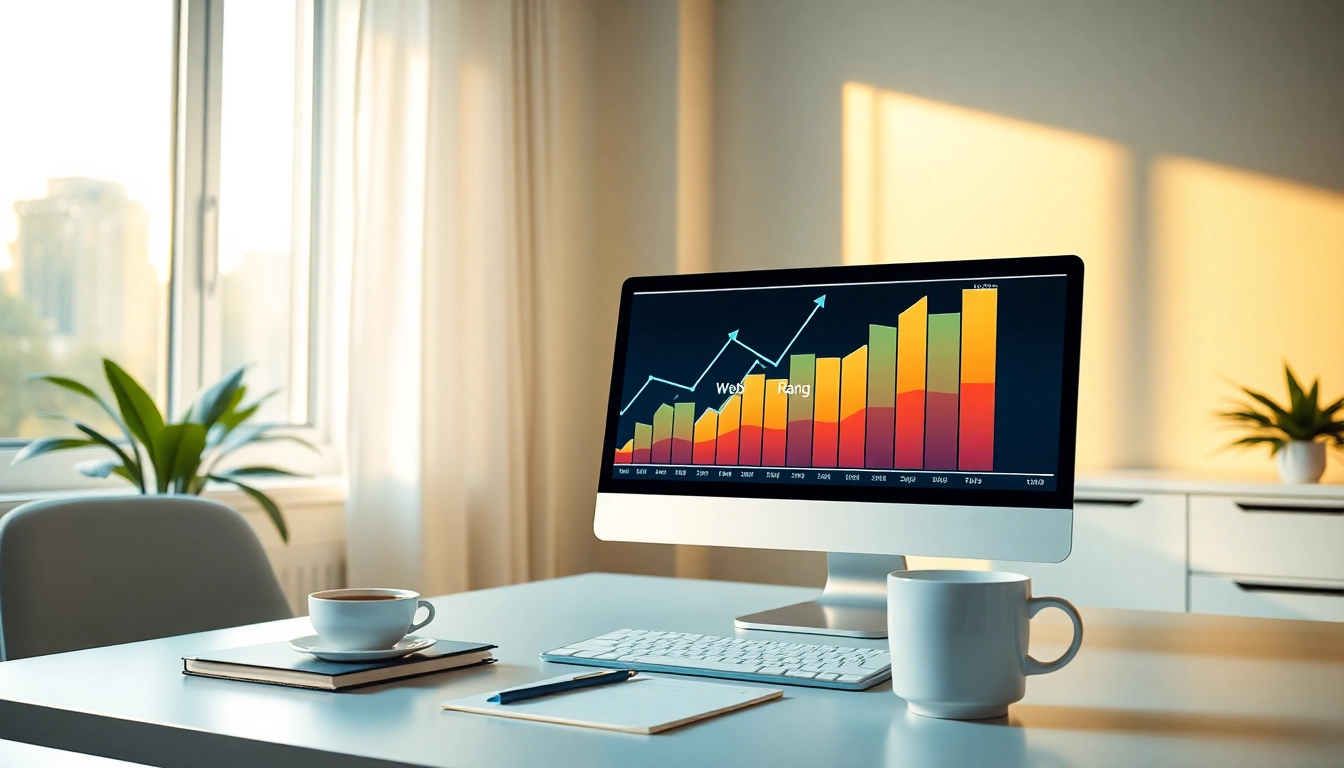 Visualize the concept of Web-Rang with a computer displaying ranking graphs in a modern office.