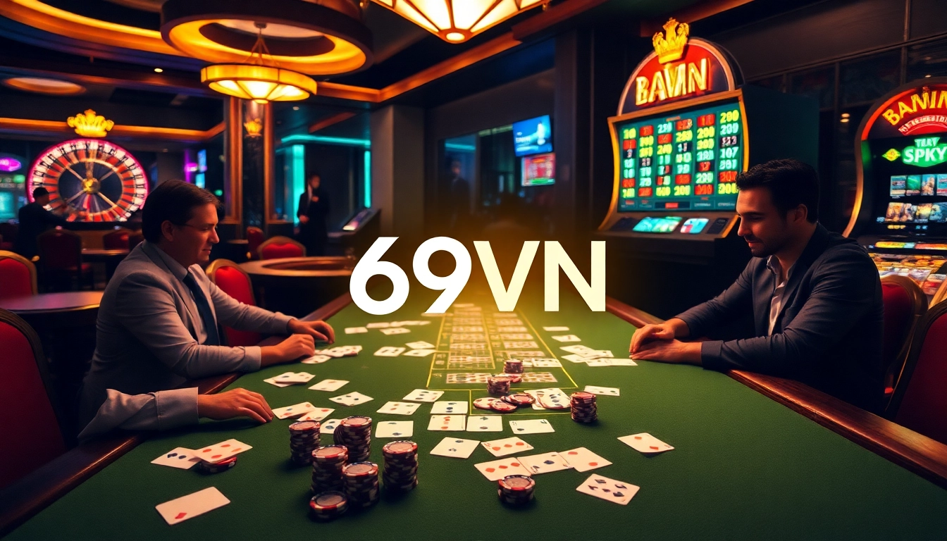 Exciting casino action at 69VN with poker chips, cards, and a spinning roulette wheel.