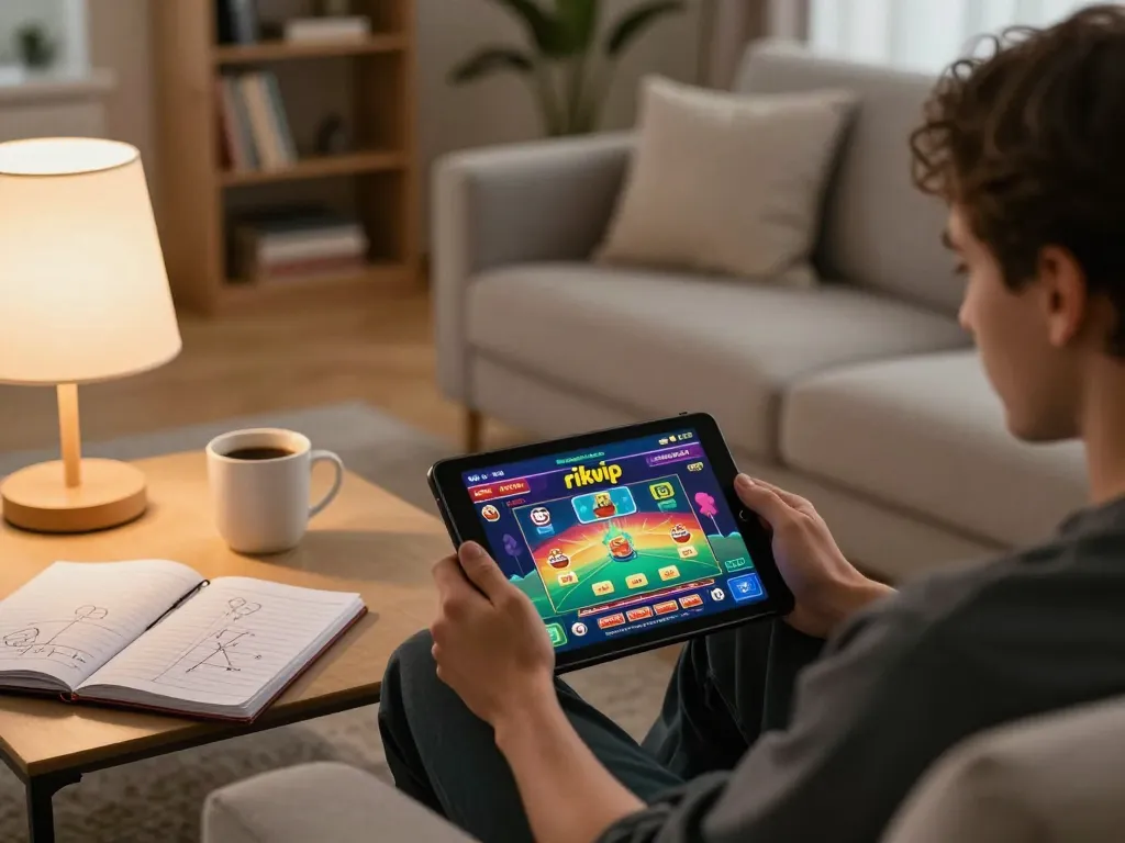 Player enjoying online casino games on rikvip tablet in a cozy home setting