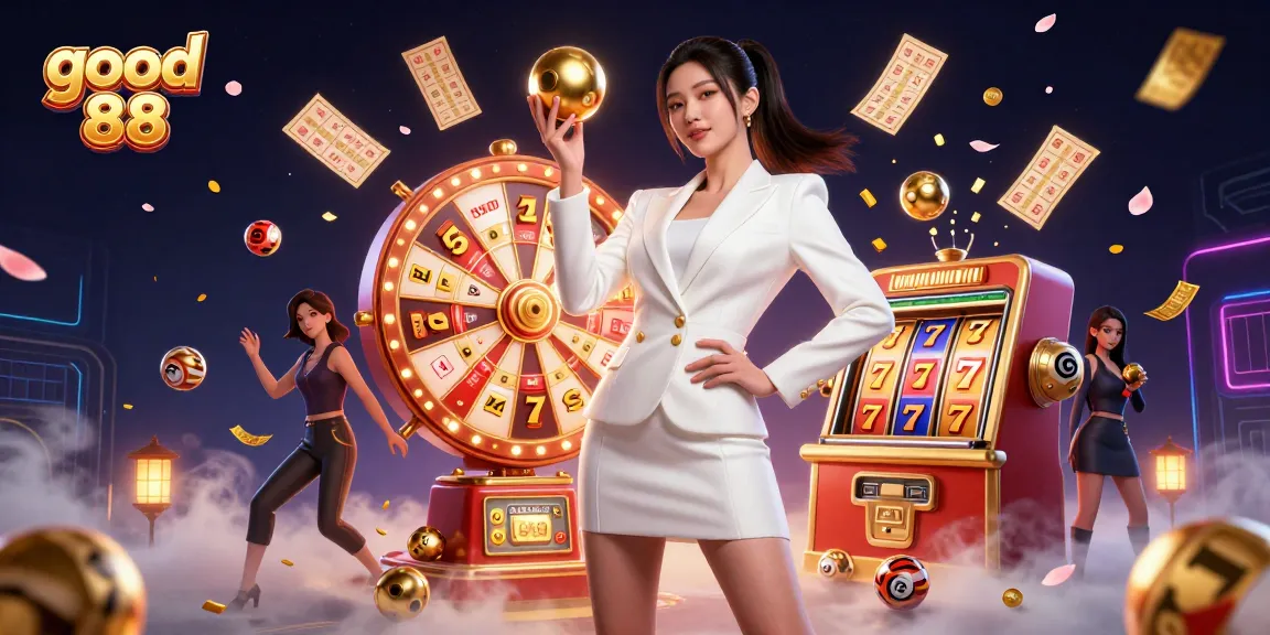Play big at good 88 with vibrant casino elements swirling around a confident player.