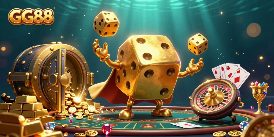 Experience the excitement at GG88 with a dynamic casino illustration featuring golden dice, jewels, and roulette elements.