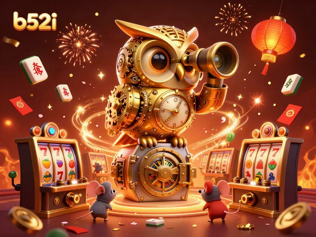 Spin slots with b52i's clockwork owl overseeing the vibrant casino floor.