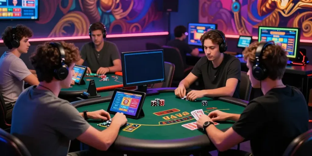 Diverse players immersed in various casino games at https://xo88.games/ in a modern gaming lounge.