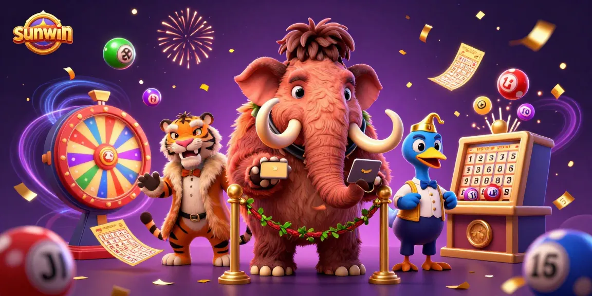 Experience excitement at sunwin with a vibrant illustration of a woolly mammoth checking IDs as lottery balls bounce around.