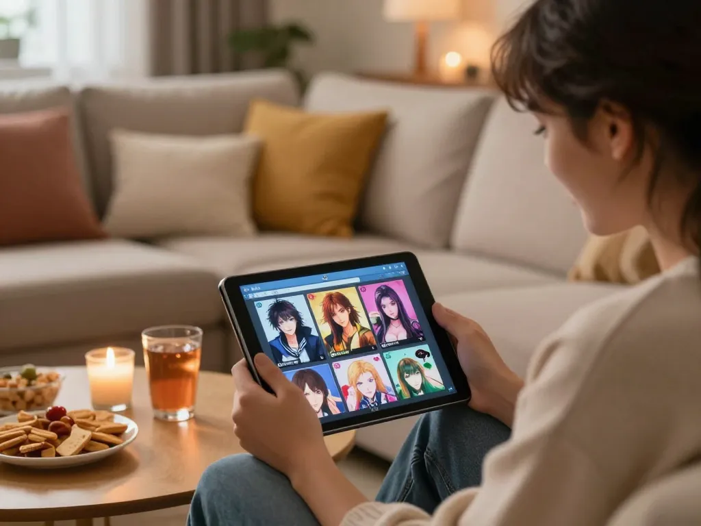 Couple enjoying html sex games on a tablet in a cozy living room.