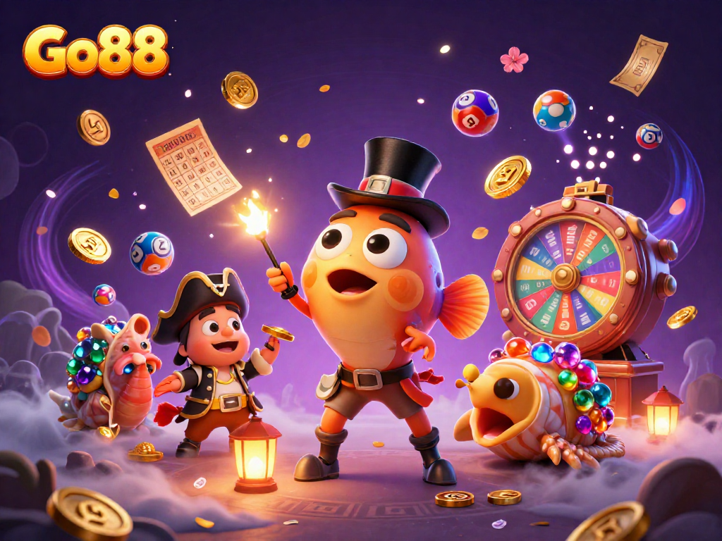 Engage in thrilling gameplay at Go88 with vibrant lottery balls and treasure-filled sea creatures.