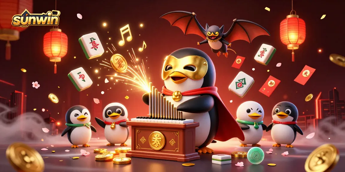 Experience the thrill of sunwin with a vibrant illustration of a penguin and bat in an exciting casino scene.
