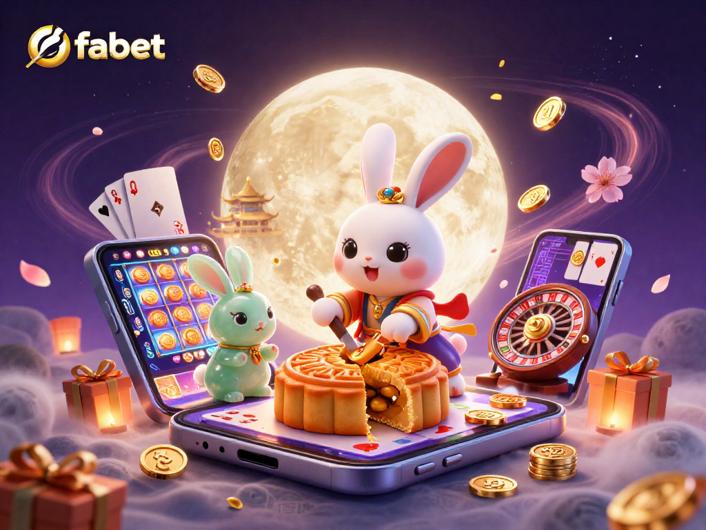 Win big with fabet's vibrant casino scene featuring a moon rabbit, poker chips, and gaming elements.