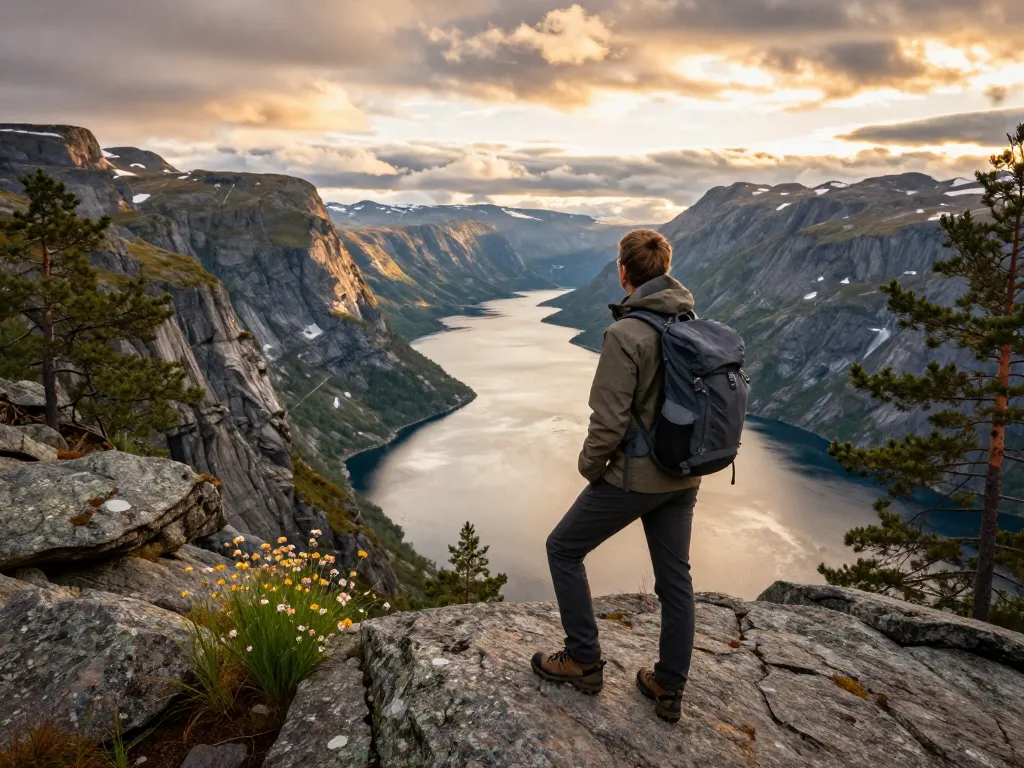 Reisender bewundert die atemberaubende Fjordlandschaft in Norwegen, die das Wesen der Skandinavien Reisetipps verkörpert.