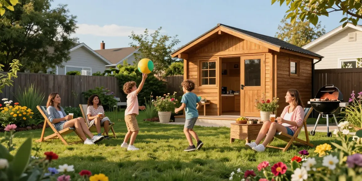 Familie im Garten mit einem schönen Gartenhaus, während sie gemütlich im Außenbereich entspannen und spielen, Gartenhaus kaufen im Fokus.