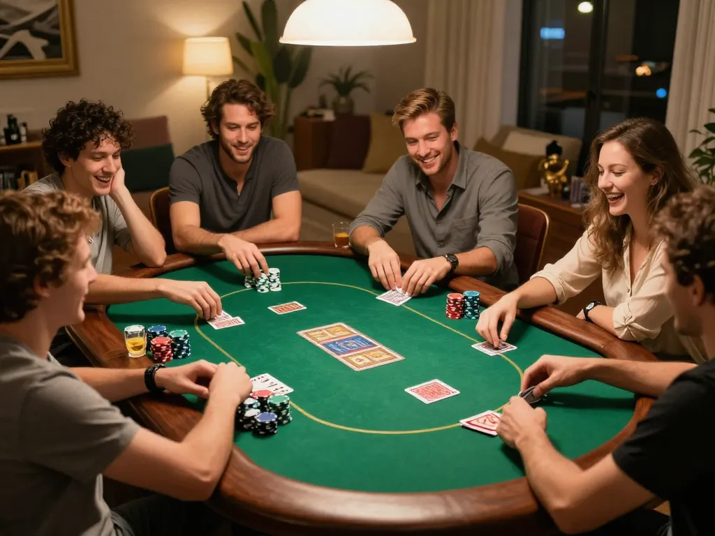 Sunwin players enjoying a lively home poker game with colorful chips and cards.