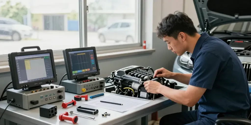 BMW Werkstatt Hannover: Techniker inspiziert Motor mit professioneller Ausrüstung.