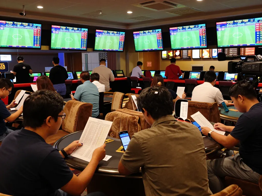 Placing bets during a lively sports event, creating tin soi kèo strategies in an upscale sportsbook.