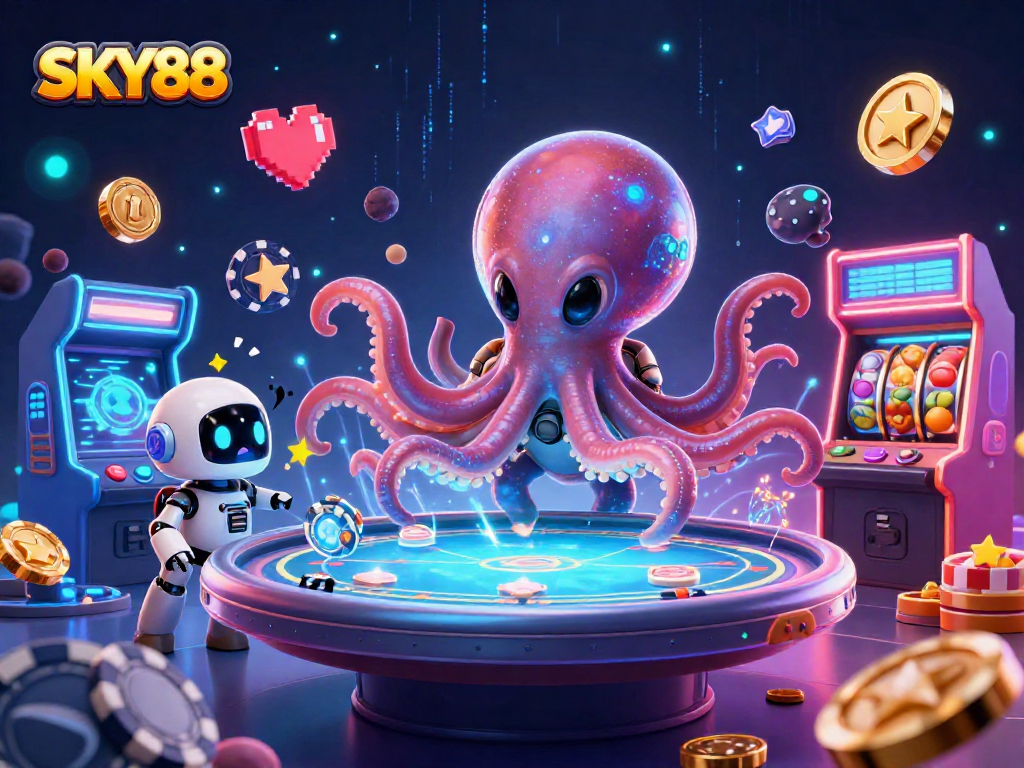 Join the fun at SKY88 with a vibrant scene of an alien octopus playing poker under dazzling lights.