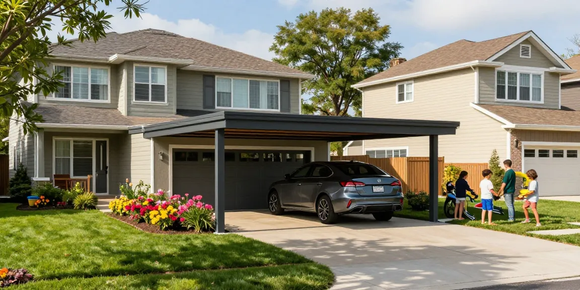 Moderner Carport im Wohnbereich mit Familienaktivitäten im Freien.