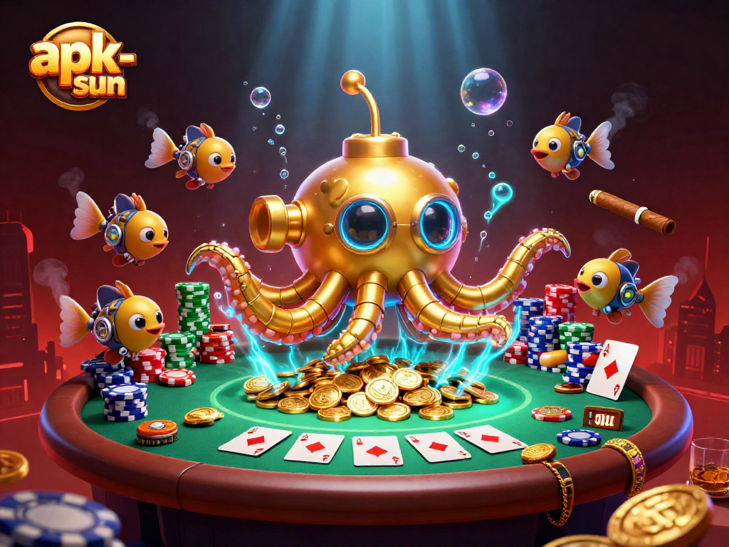 Experience thrilling wins with apk-sun's dynamic poker scene featuring golden kraken submarine.