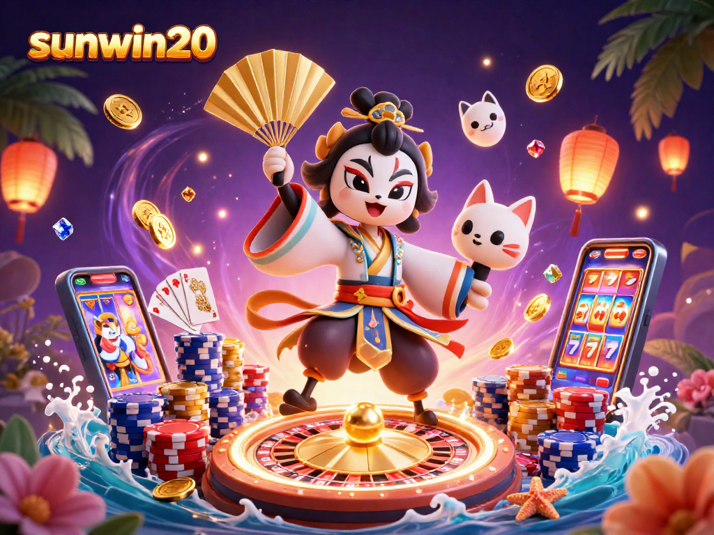 Experience the excitement of sunwin20 with a kabuki warrior and kitsune mask, set against dynamic casino elements.