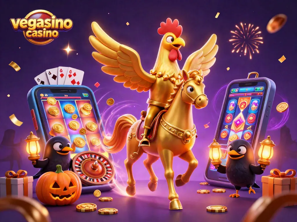 Experience the excitement of vegasino casino with a golden rooster character in a lively gaming scene.