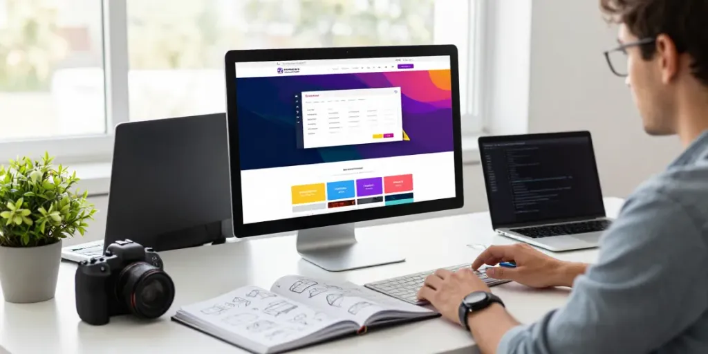 Webdesign Saarland: Kreatives Arbeitsumfeld mit Designer und Monitor.