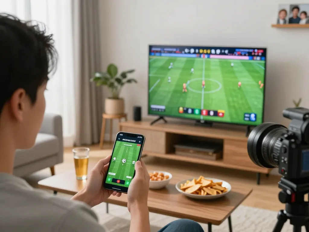 Person placing bets on a smartphone, engaging with tỷ lệ kèo nhà cái in a modern living room.