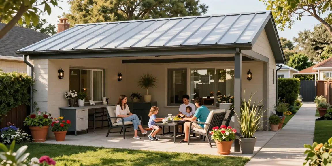 Terrassenüberdachungen in einem modernen Garten mit einer Familie, die eine entspannte Zeit im Freien verbringt.